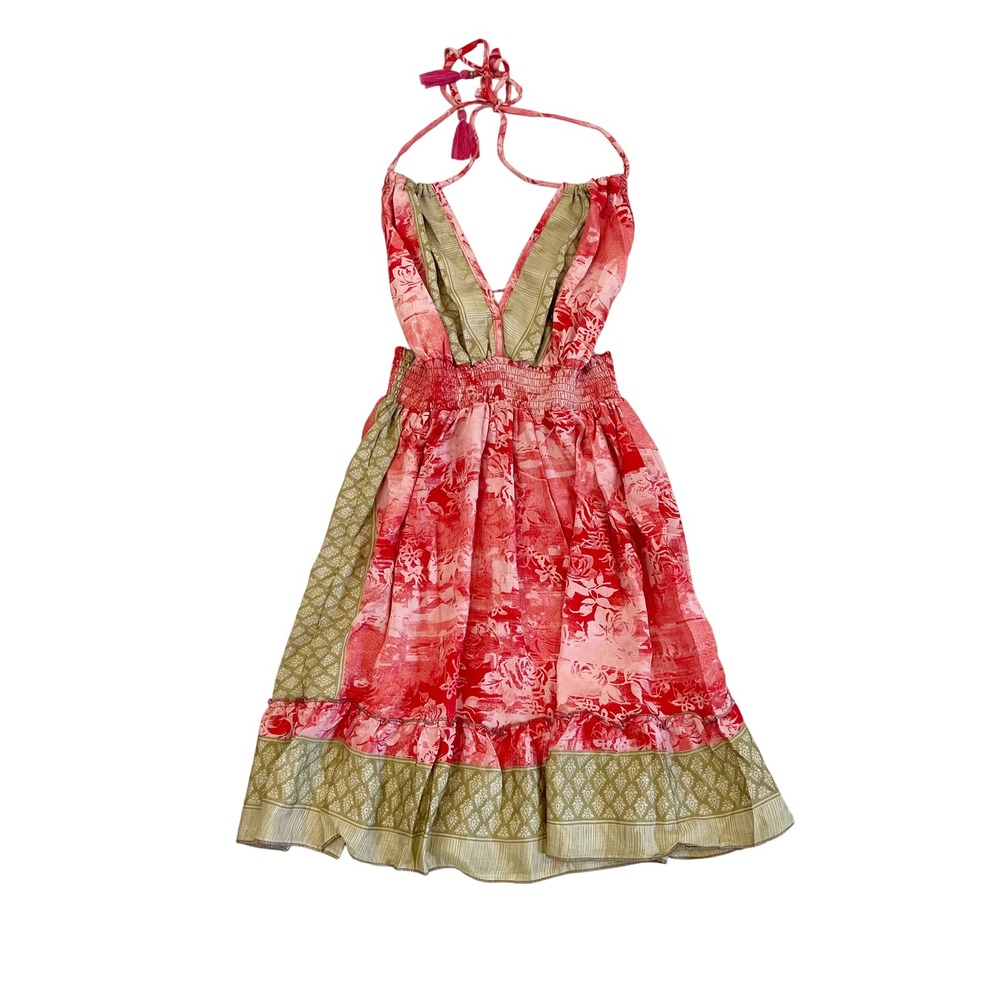 MT Collection Silk Blend Halter Dress Red Floral Boho Beachy Indie - One Size